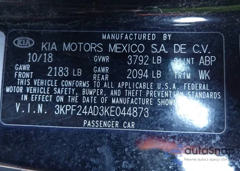 2019 Kia Forte Lxs from USA, damaged, VIN 3KPF24AD3KE044873